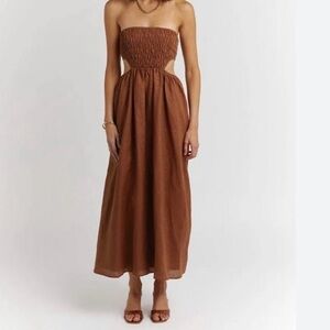 DISSH NELL SPICE LINEN STRAPLESS MIDI DRESS